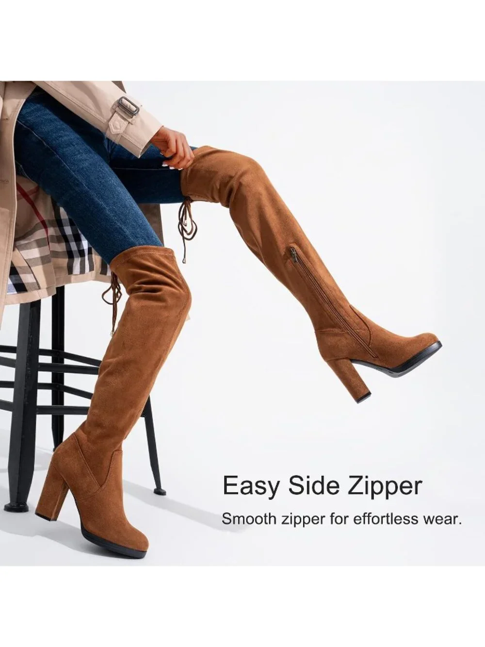 Women's Camel Block Heel Round Toe Faux Suede Over The Knee Thigh High Boots
